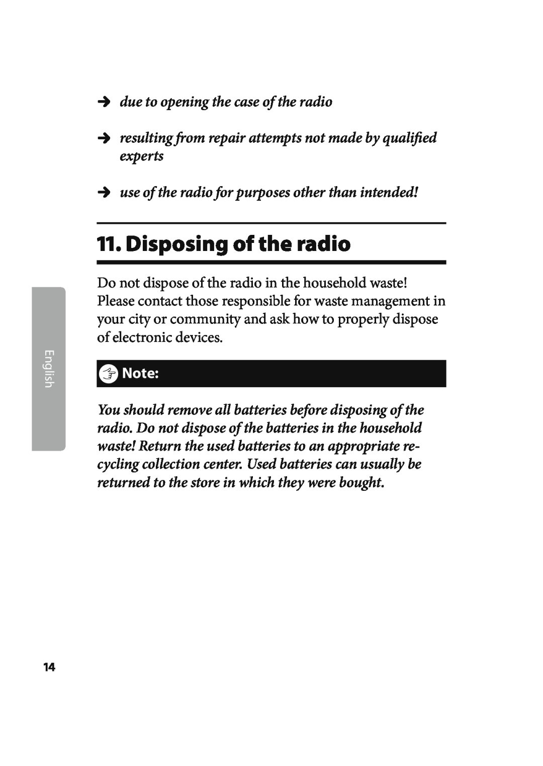 Kompernass KH 2244 manual Disposing of the radio, Údue to opening the case of the radio, ôNote, English 