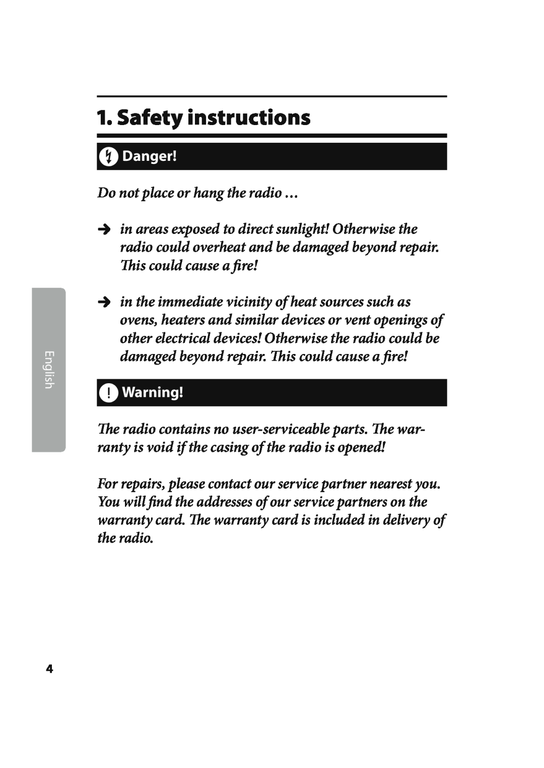 Kompernass KH 2244 manual Safety instructions, †Danger, Do not place or hang the radio … 
