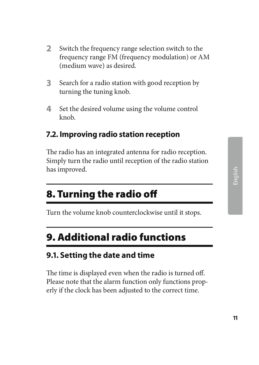 Kompernass KH 2245 manual Turning the radio oﬀ, Additional radio functions, Improving radio station reception 