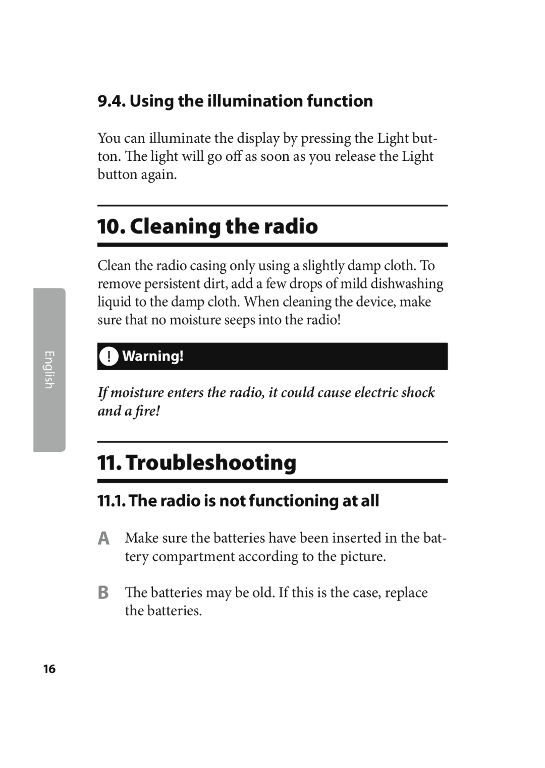 Kompernass KH 2245 Cleaning the radio, Troubleshooting, Using the illumination function, Radio is not functioning at all 