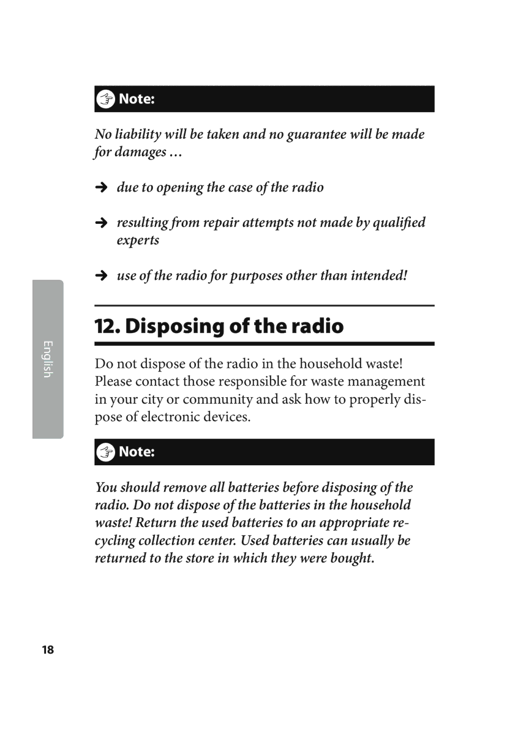 Kompernass KH 2245 manual Disposing of the radio 