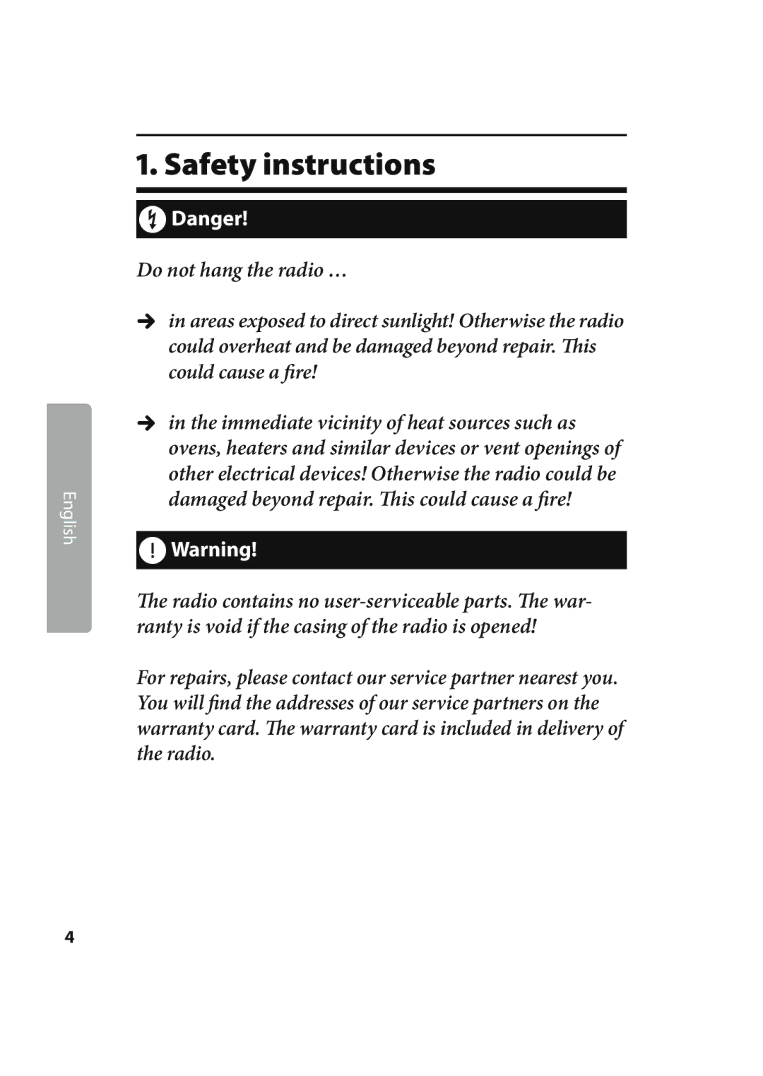 Kompernass KH 2245 manual Safety instructions, Do not hang the radio … 