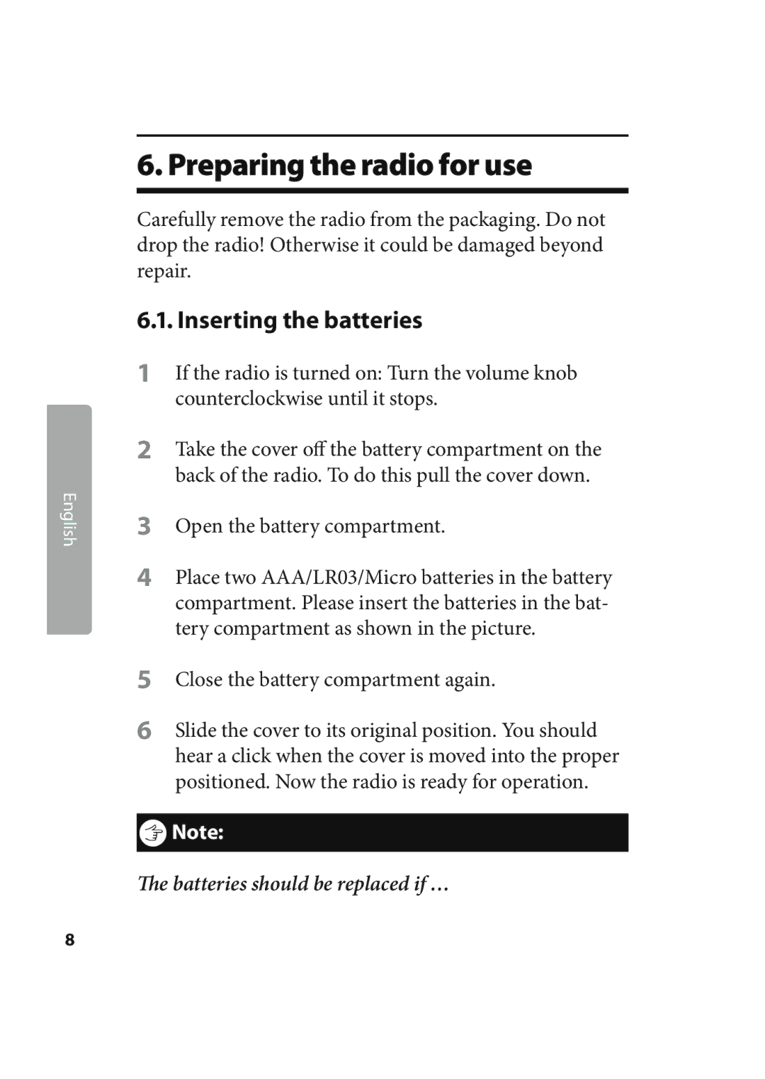 Kompernass KH 2245 manual Preparing the radio for use, Inserting the batteries 