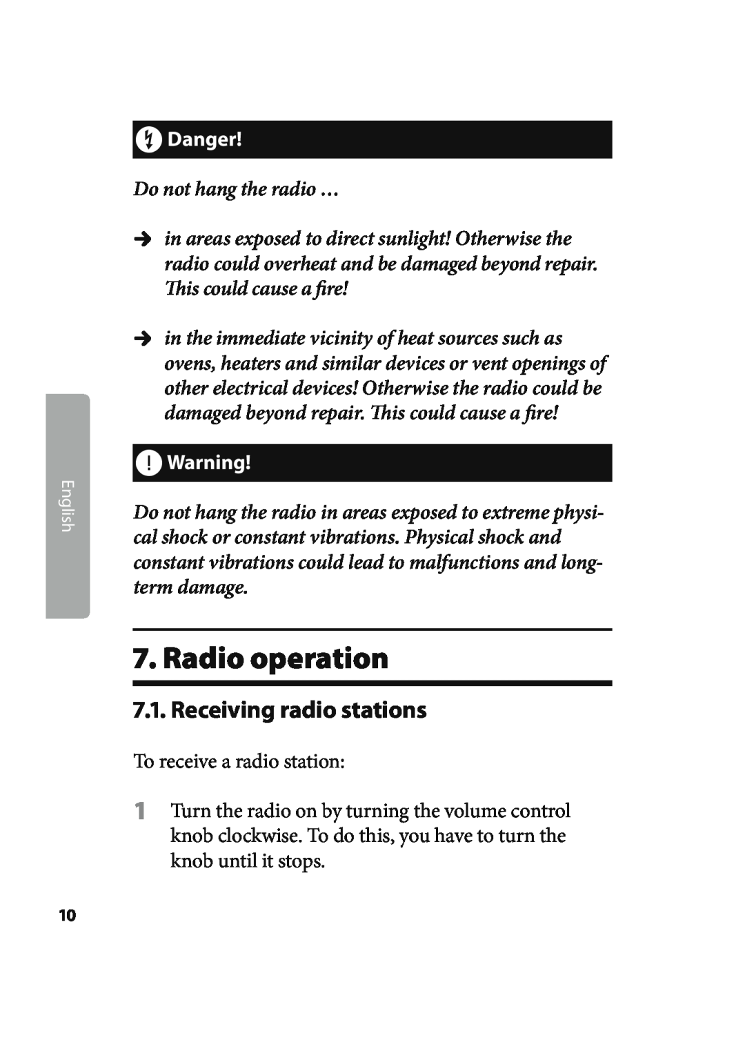 Kompernass KH 2245 manual Radio operation, Receiving radio stations, †Danger, Do not hang the radio … 