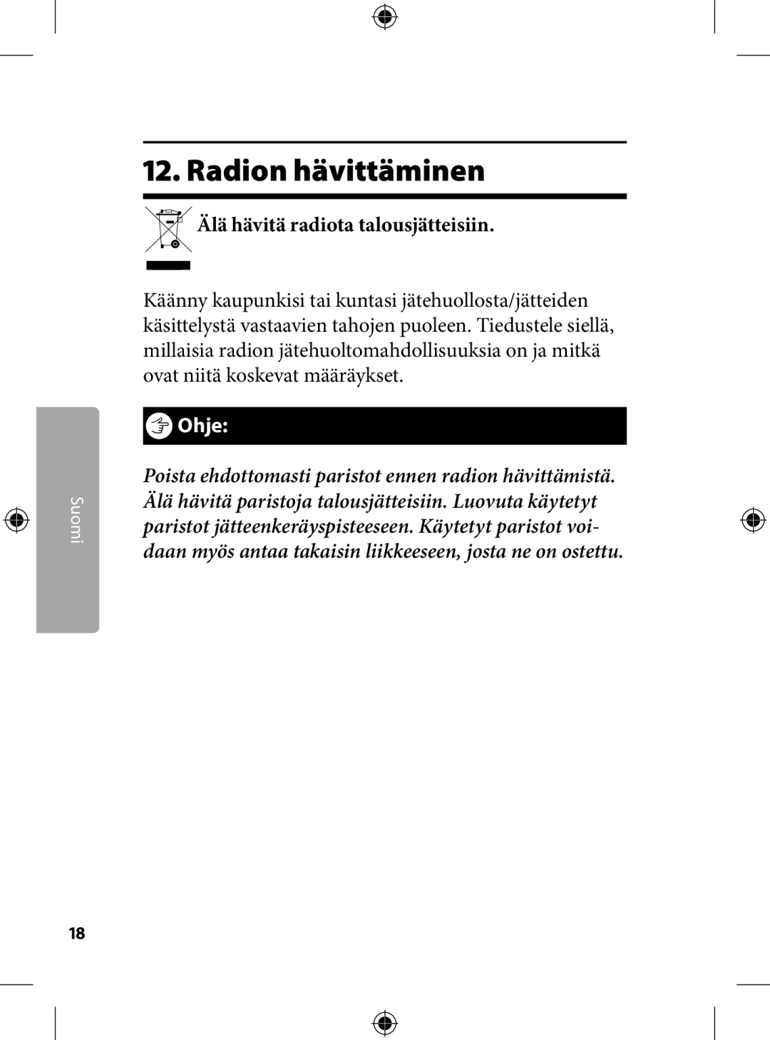 Kompernass KH 2246 manual . Radion hävittäminen, Älä hävitä radiota talousjätteisiin 