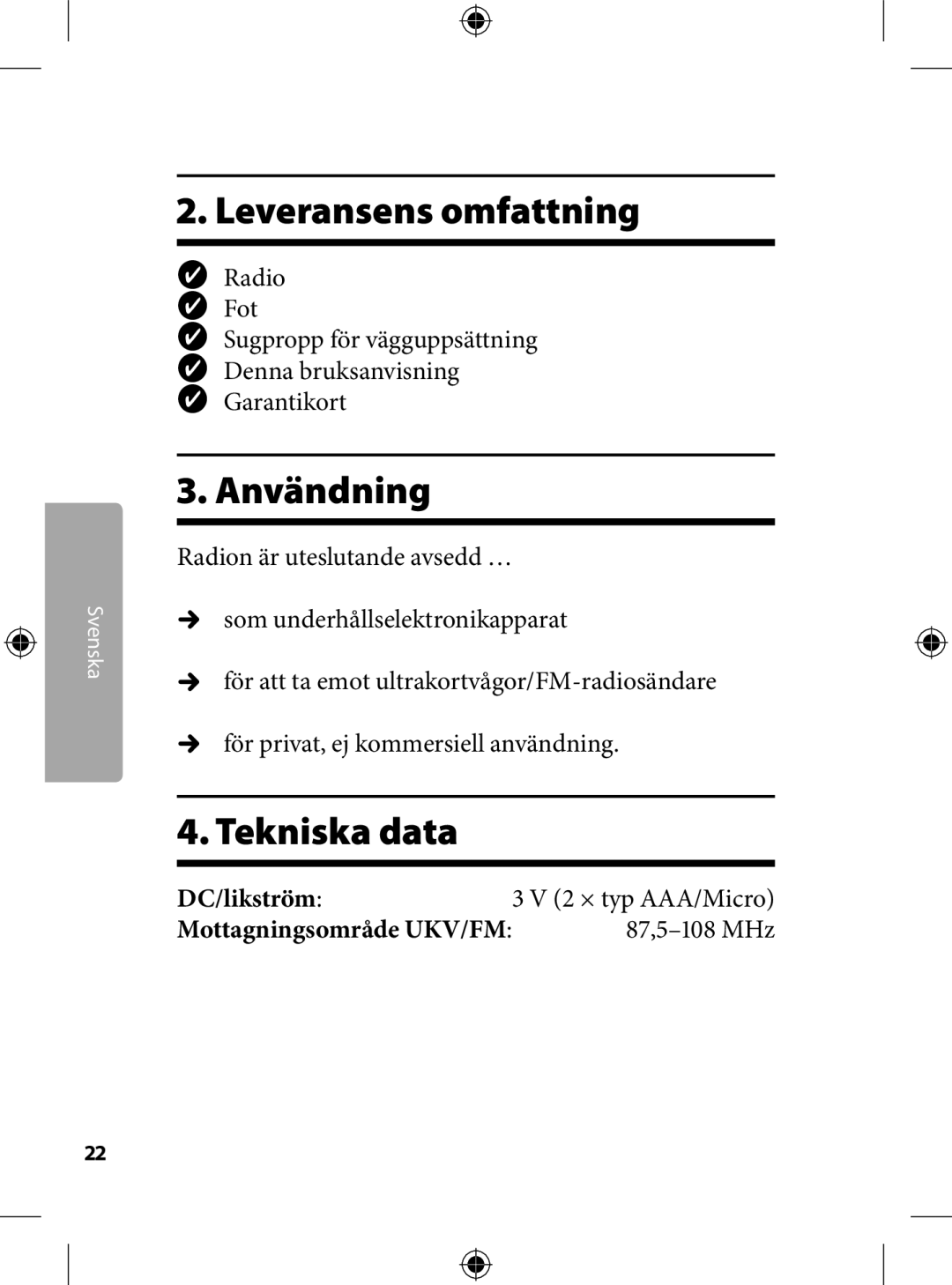 Kompernass KH 2246 manual . Leveransens omfattning, . Användning, . Tekniska data 