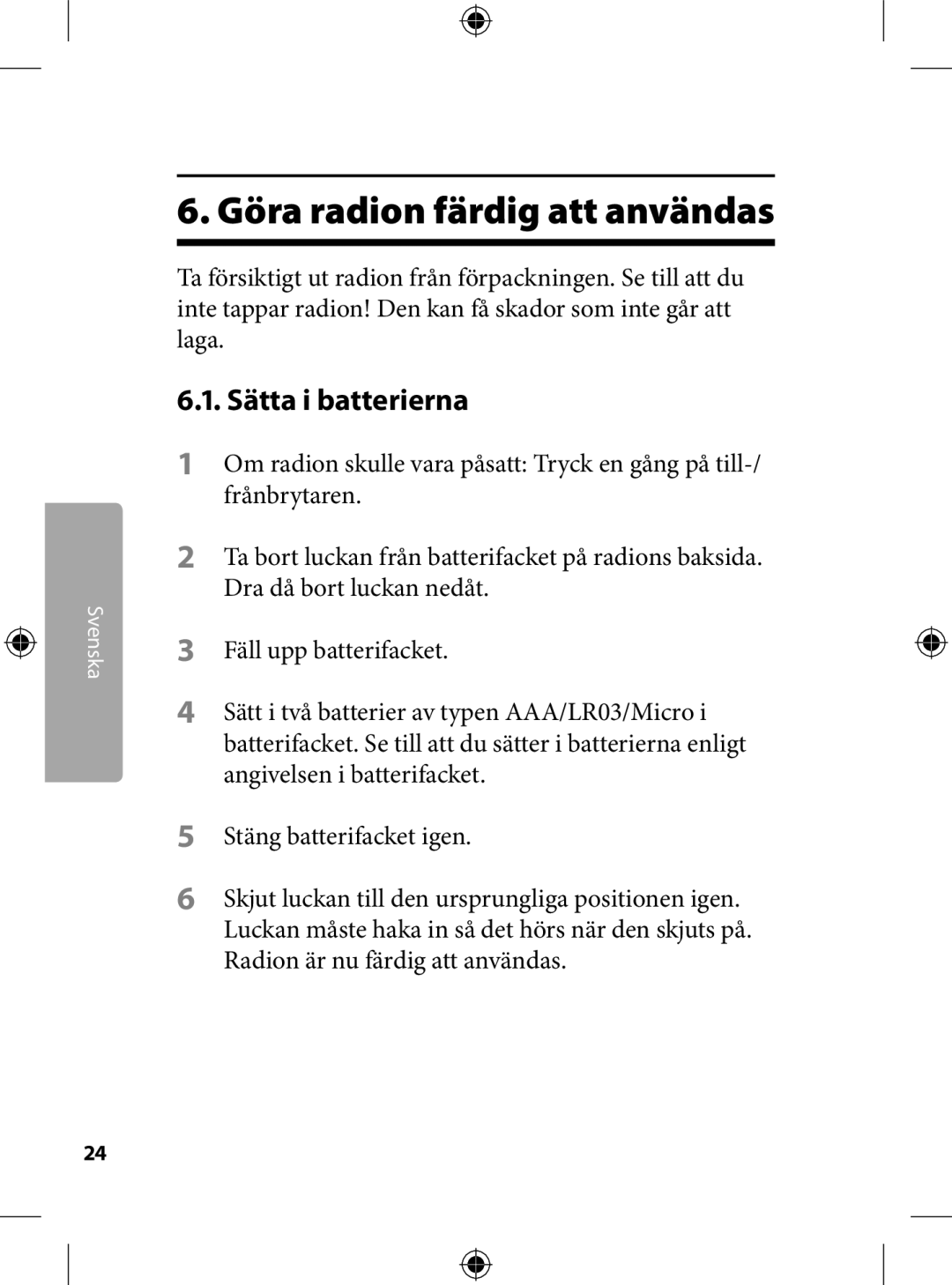 Kompernass KH 2246 manual . Göra radion färdig att användas, .. Sätta i batterierna 