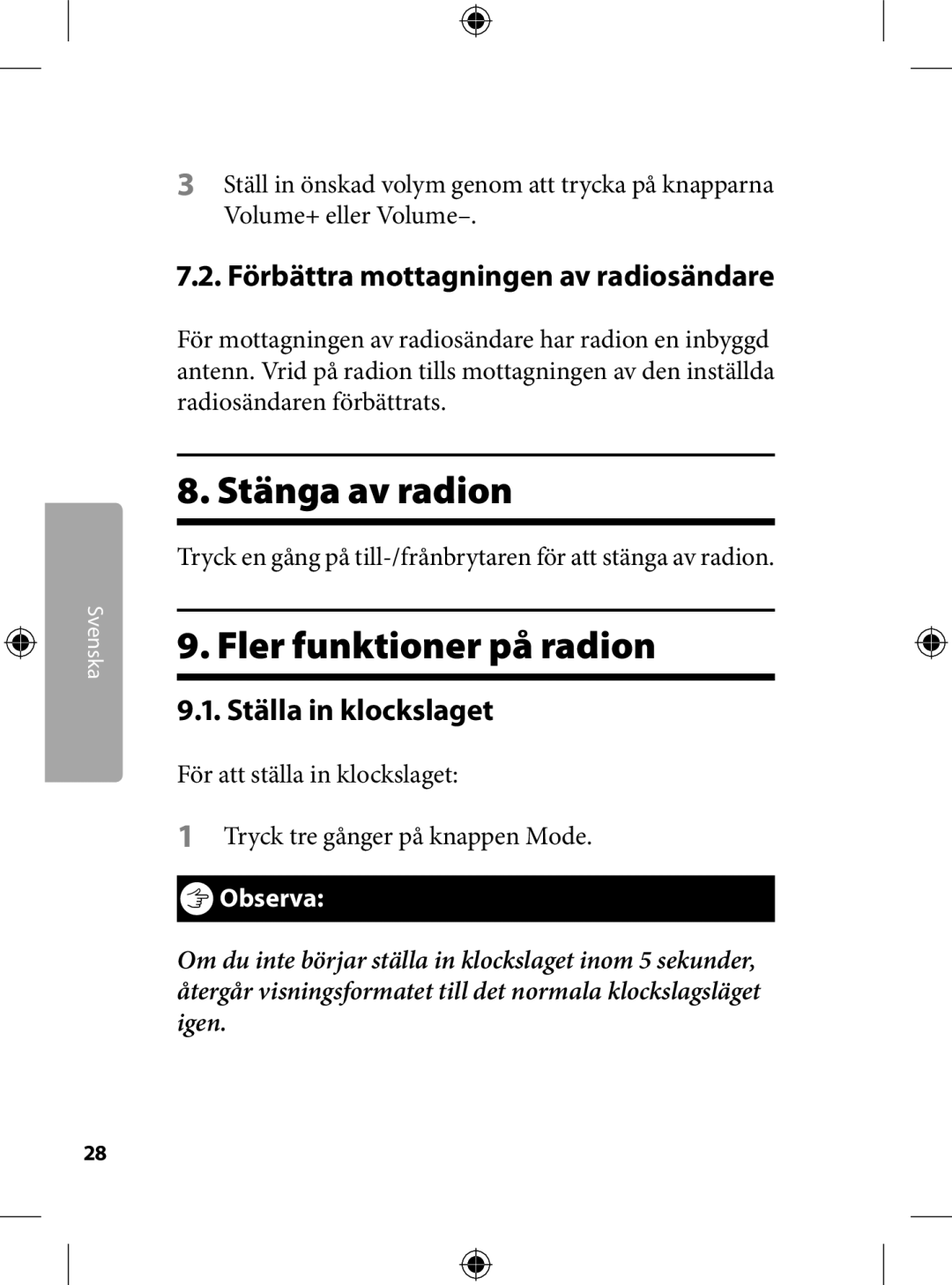 Kompernass KH 2246 manual . Stänga av radion, . Fler funktioner på radion, .. Förbättra mottagningen av radiosändare 