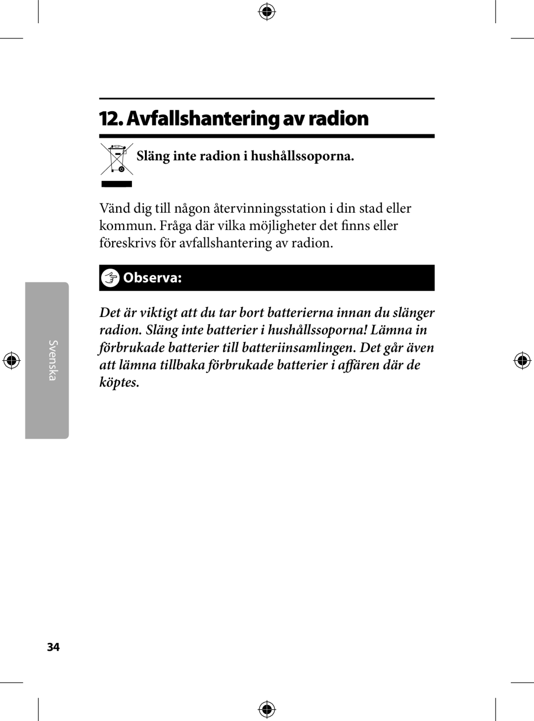 Kompernass KH 2246 manual . Avfallshantering av radion, Släng inte radion i hushållssoporna 