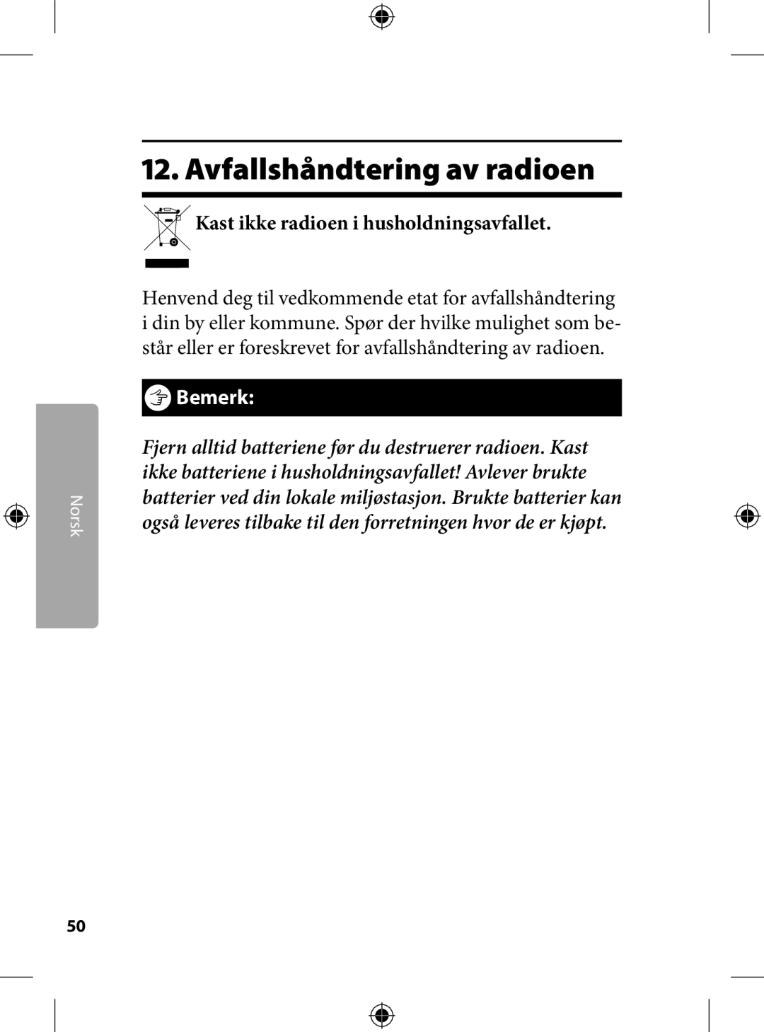 Kompernass KH 2246 manual . Avfallshåndtering av radioen, Kast ikke radioen i husholdningsavfallet 