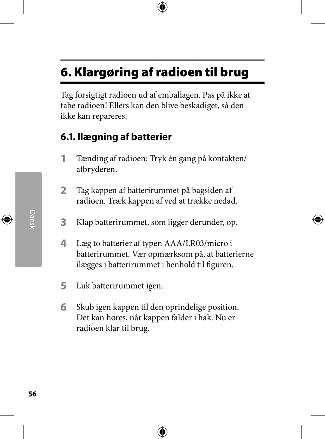 Kompernass KH 2246 manual . Klargøring af radioen til brug, .. Ilægning af batterier 