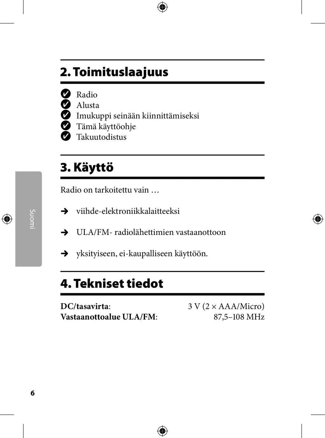 Kompernass KH 2246 manual . Toimituslaajuus, . Käyttö, . Tekniset tiedot, ,- MHz 