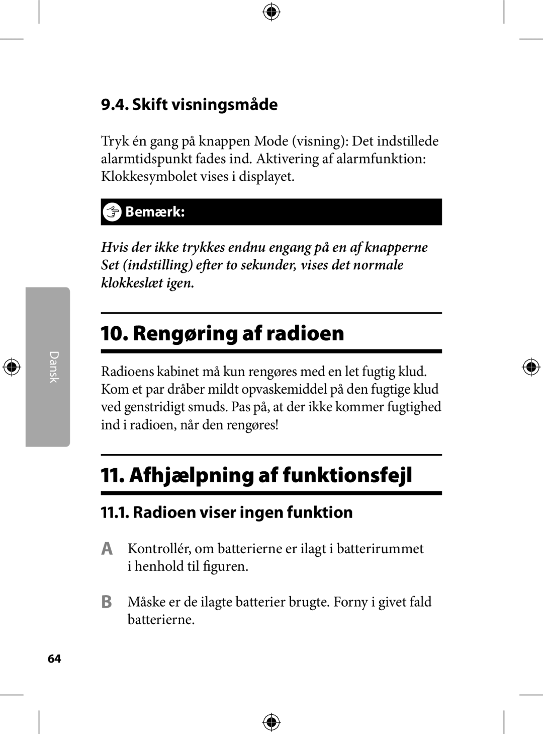 Kompernass KH 2246 manual . Rengøring af radioen, . Afhjælpning af funktionsfejl, .. Skift visningsmåde 