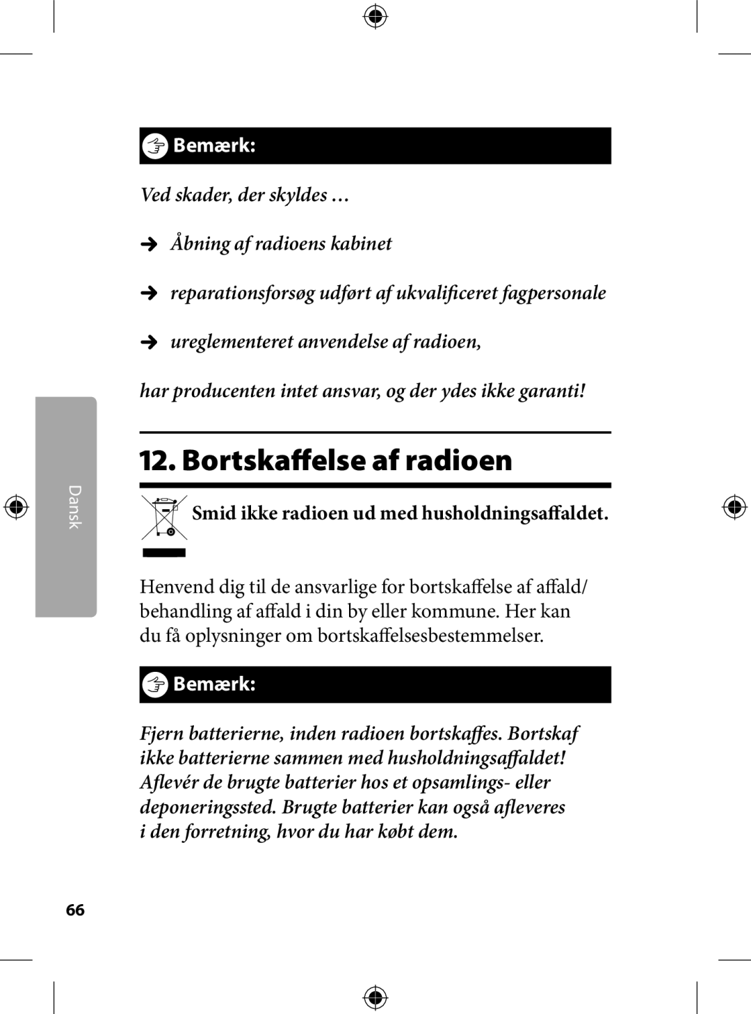 Kompernass KH 2246 manual . Bortskaﬀelse af radioen, Smid ikke radioen ud med husholdningsaffaldet 