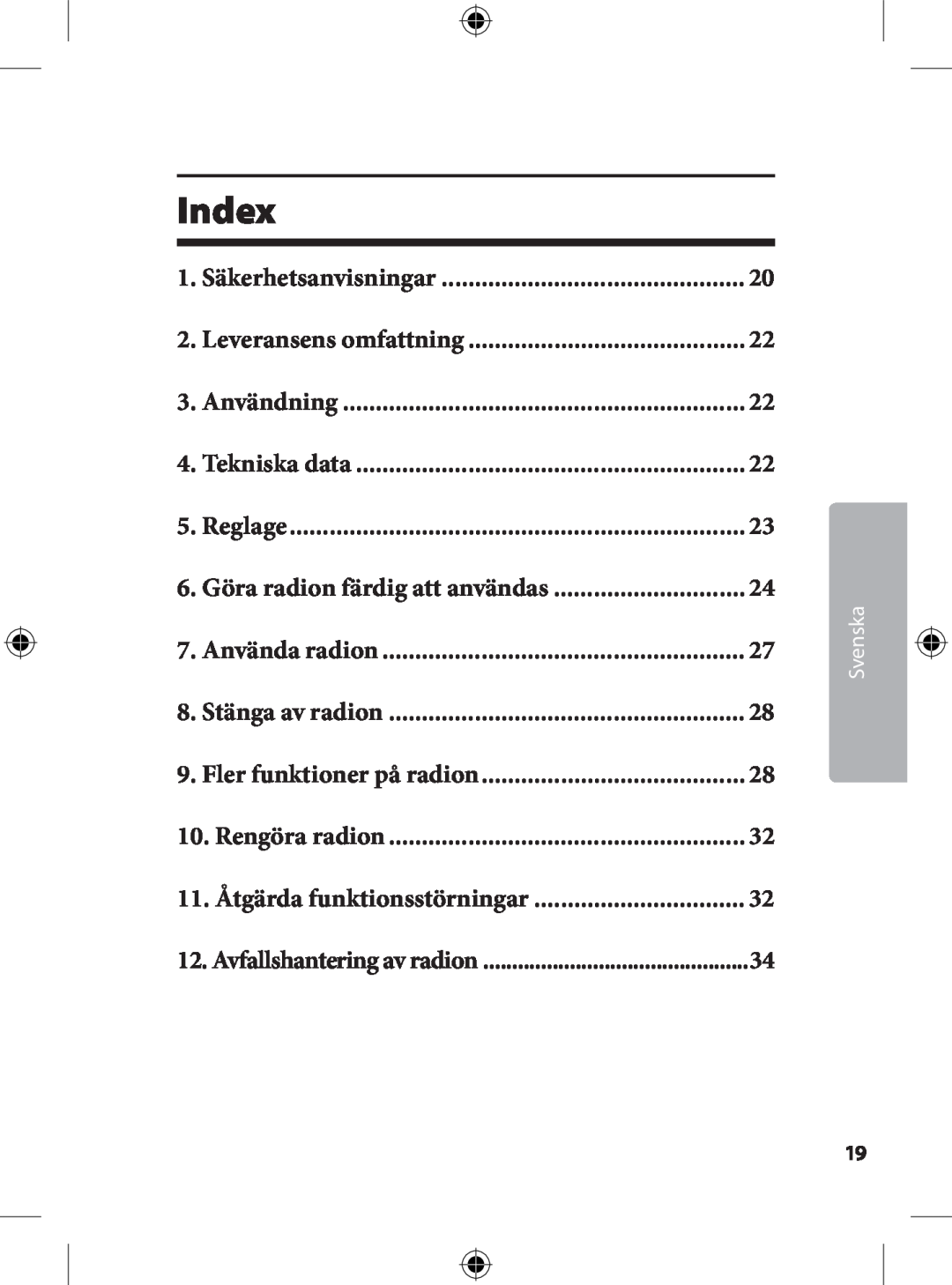 Kompernass KH 2246 manual Index, 1. Säkerhetsanvisningar 