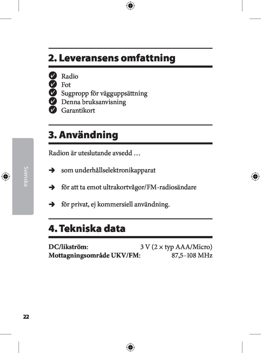Kompernass KH 2246 . Leveransens omfattning, . Användning, . Tekniska data, Svenska,  V  × typ AAA/Micro, ,-MHz 
