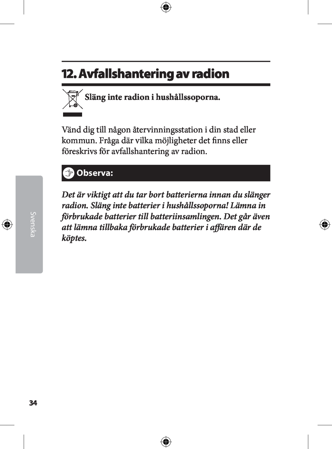 Kompernass KH 2246 manual . Avfallshantering av radion, Släng inte radion i hushållssoporna, ôObserva 