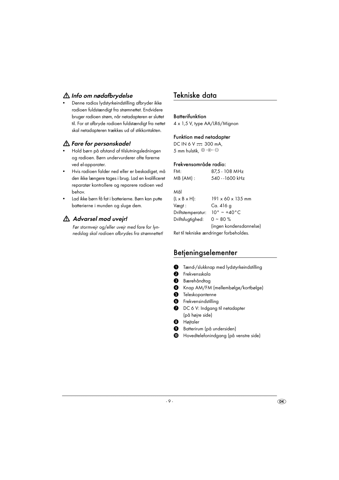 Kompernass KH 2247 operating instructions Tekniske data, Betjeningselementer, Info om nødafbrydelse, Fare for personskade 