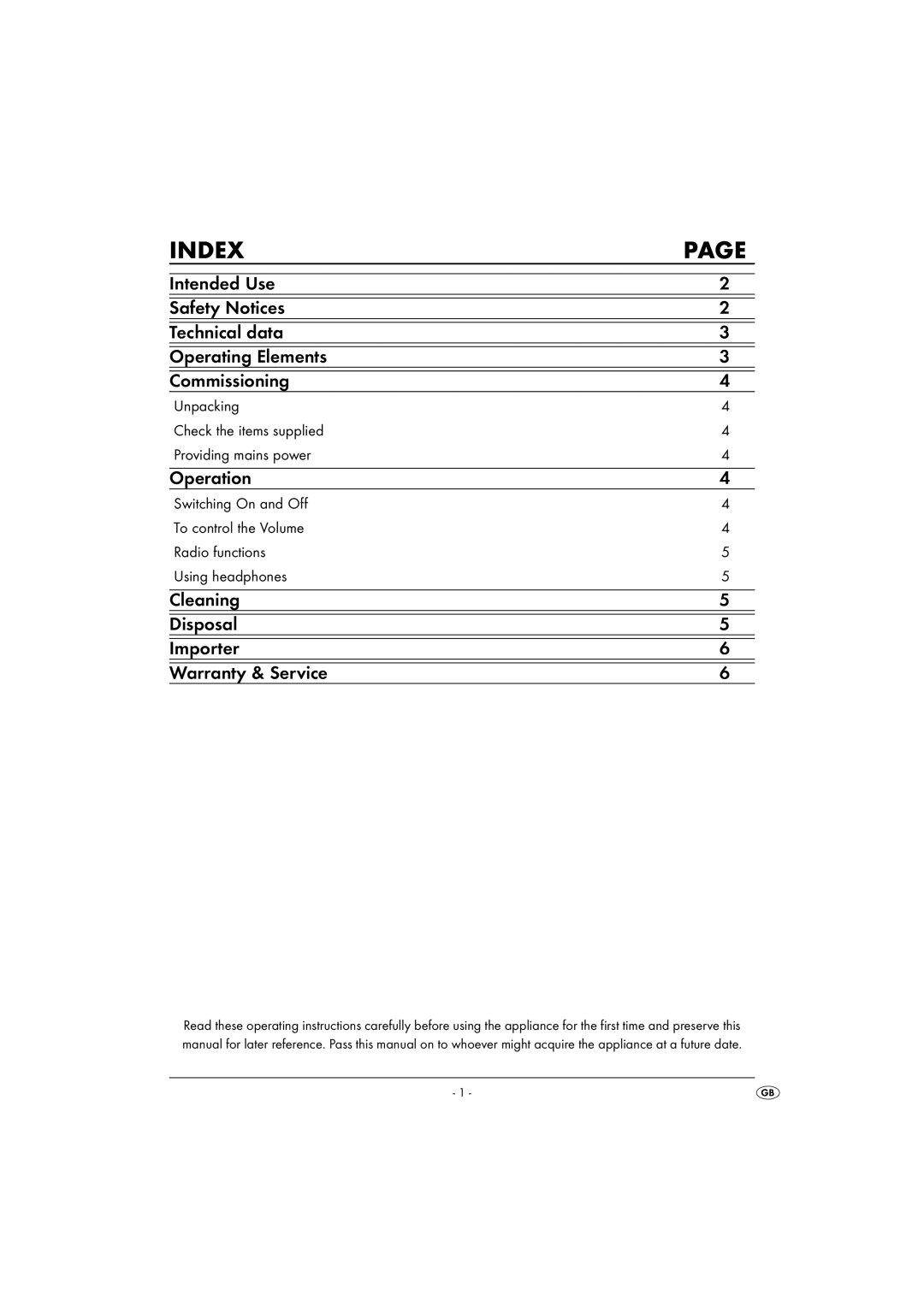 Kompernass KH 2247 operating instructions Index, Unpacking Check the items supplied Providing mains power 