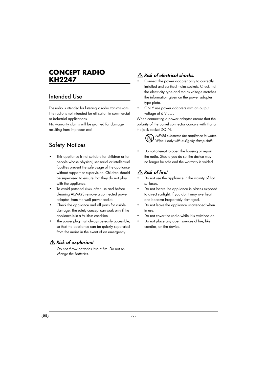 Kompernass KH 2247 operating instructions Concept Radio, Intended Use, Safety Notices 