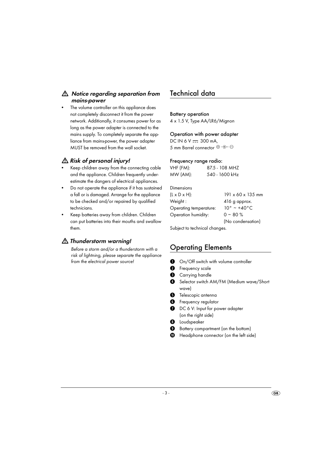 Kompernass KH 2247 Technical data, Operating Elements, Mains-power, Risk of personal injury, Thunderstorm warning 