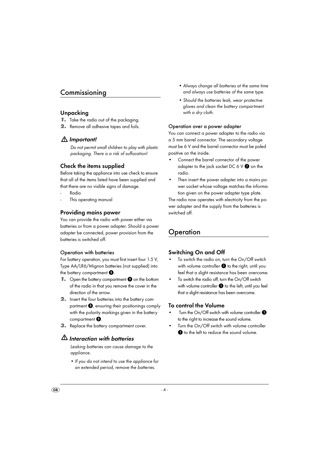 Kompernass KH 2247 operating instructions Commissioning, Operation, Interaction with batteries 