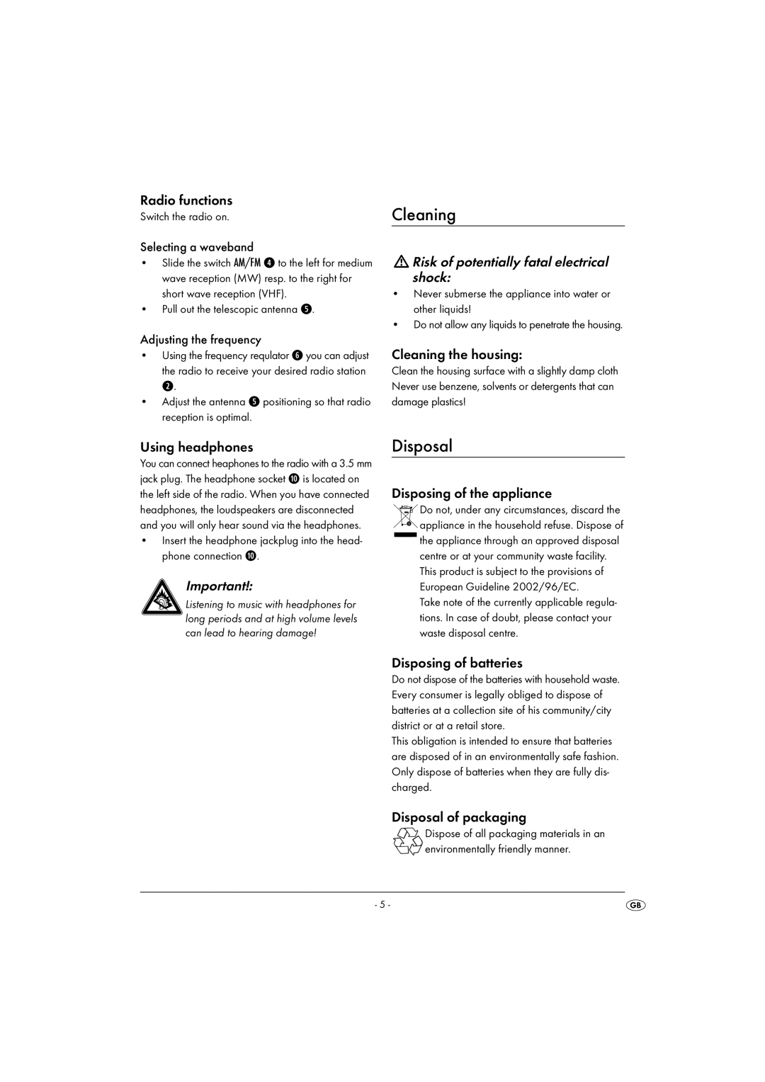 Kompernass KH 2247 operating instructions Cleaning, Disposal, Risk of potentially fatal electrical shock 