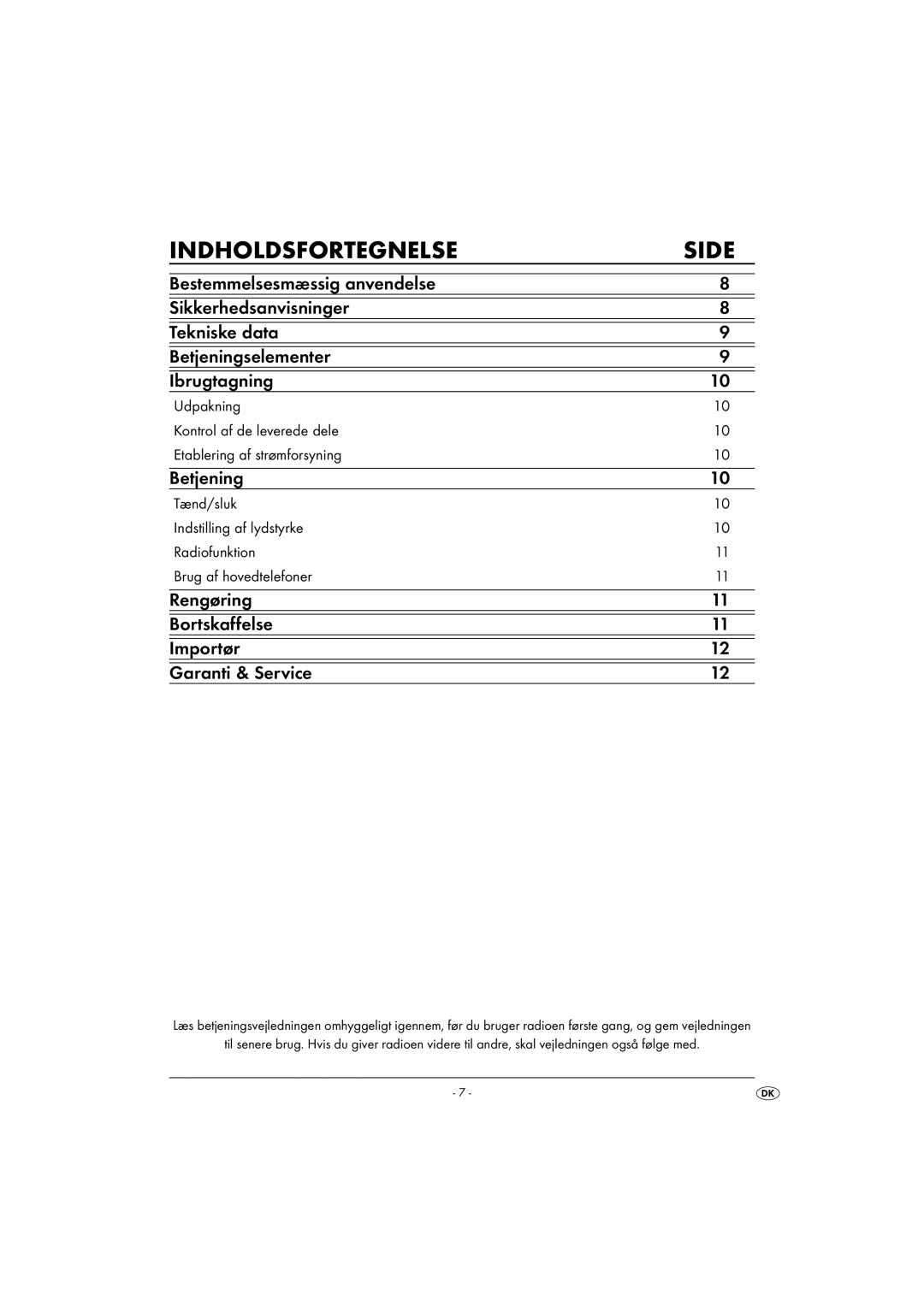 Kompernass KH 2247 operating instructions Indholdsfortegnelse Side, Rengøring Bortskaffelse Importør Garanti & Service 