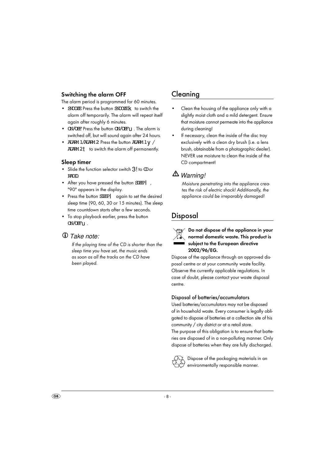 Kompernass KH 2254 operating instructions Cleaning, Disposal, Switching the alarm OFF, Sleep timer 