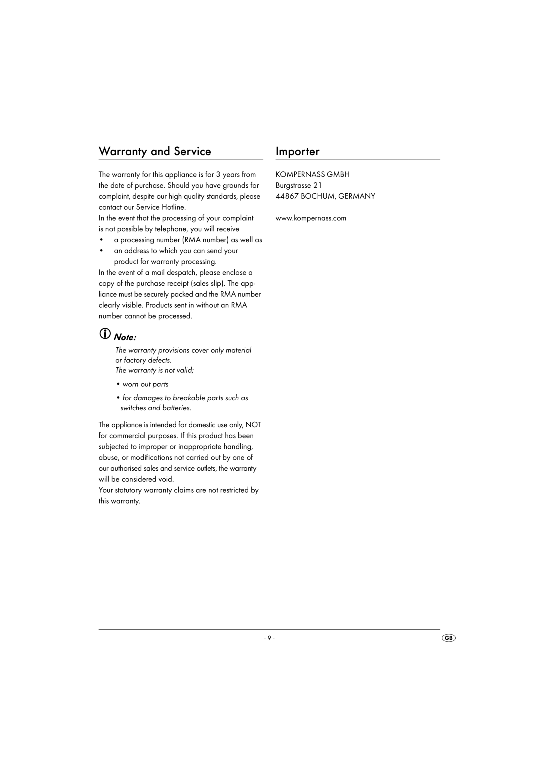 Kompernass KH 2254 operating instructions Warranty and Service Importer, Burgstrasse, Contact our Service Hotline 