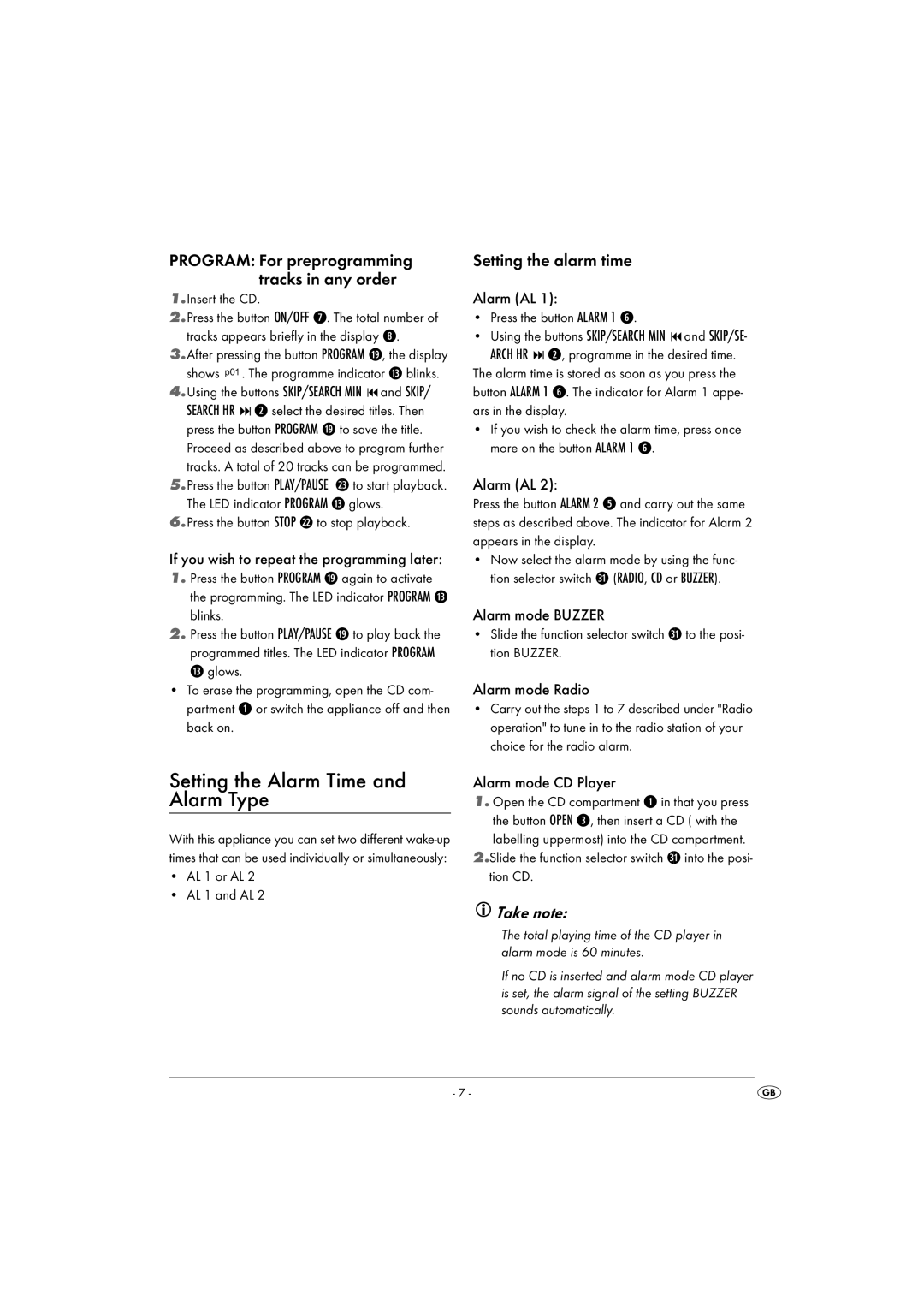 Kompernass KH 2254 operating instructions Setting the Alarm Time and Alarm Type, Setting the alarm time 