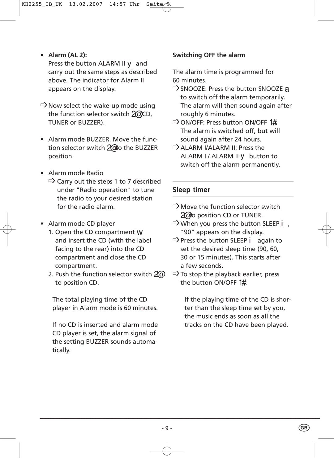 Kompernass KH 2255 manual Switching OFF the alarm 