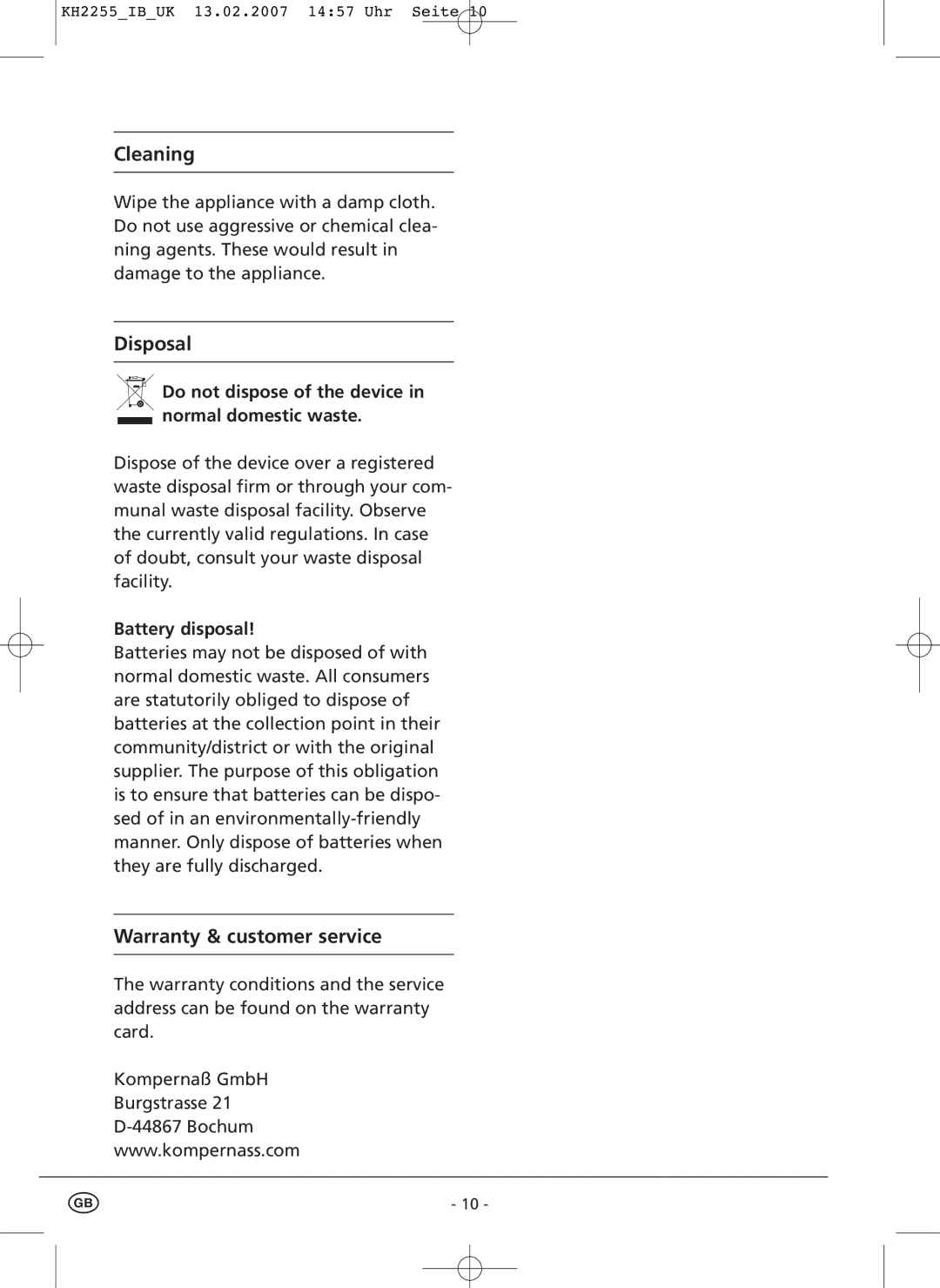 Kompernass KH 2255 manual Do not dispose of the device in normal domestic waste, Battery disposal 