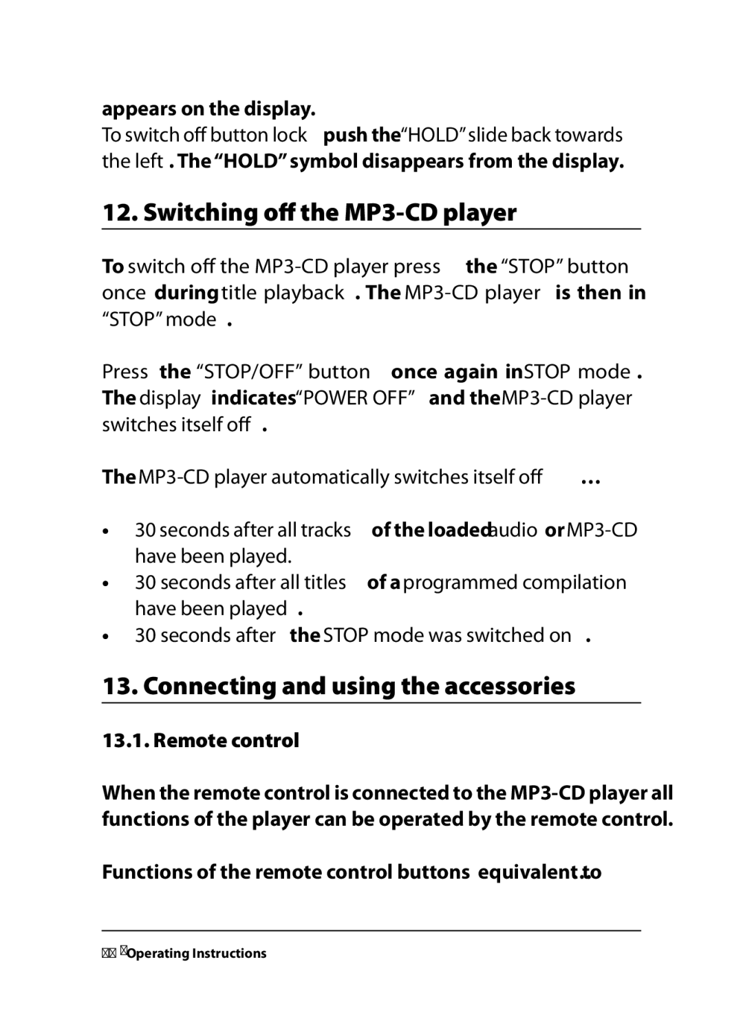 Kompernass KH 2258, KH 2260, KH 2259 Switching off the MP3-CD player, Connecting and using the accessories, Remote control 