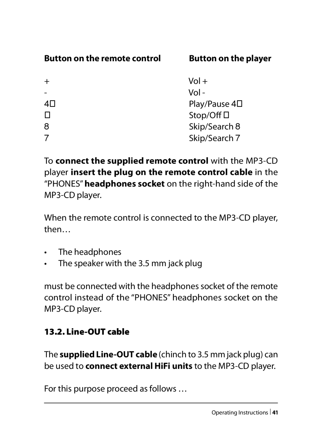 Kompernass KH 2260, KH 2258, KH 2259 Button on the remote control, Vol +, Play/Pause, Stop/Off, Skip/Search, Line-OUT cable 