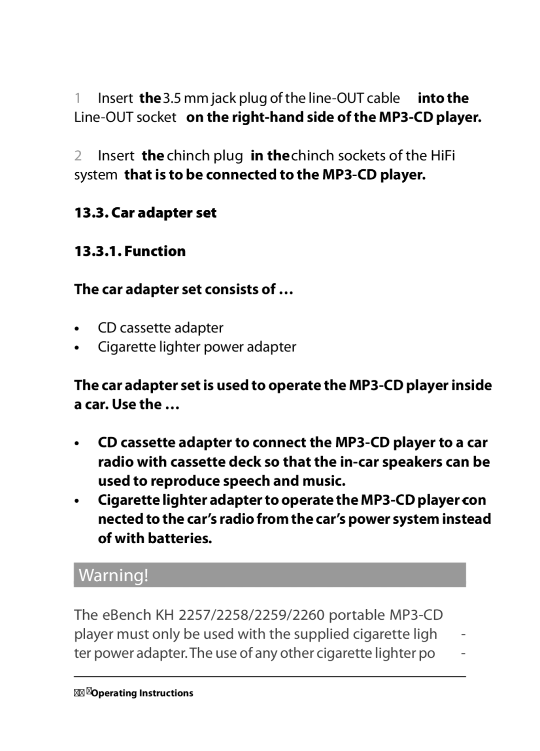 Kompernass KH 2259, KH 2258, KH 2260 operating instructions CD cassette adapter Cigarette lighter power adapter 