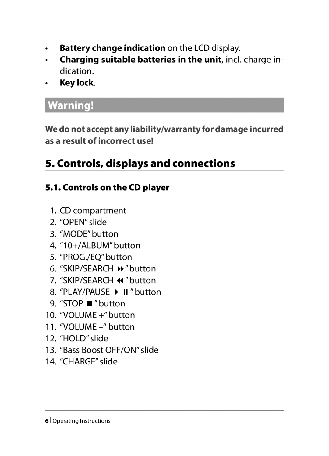 Kompernass KH 2259, KH 2258, KH 2260 operating instructions Controls, displays and connections, Controls on the CD player 