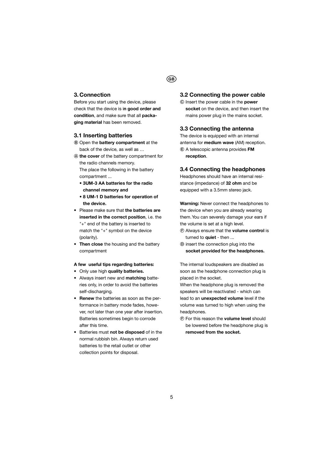 Kompernass KH 2262 manual Connection, Inserting batteries, Connecting the power cable, Connecting the antenna 