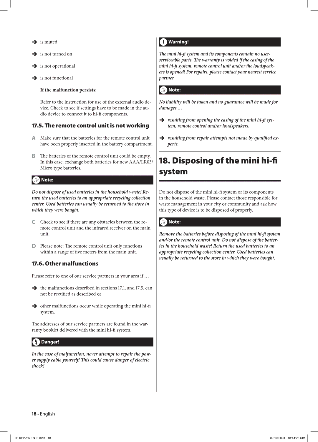 Kompernass KH 2265 manual Disposing of the mini hi-ﬁ system, Remote control unit is not working, Other malfunctions 