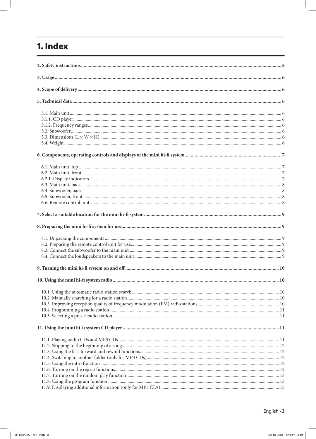 Kompernass KH 2265 manual Index, Safety instructions Usage Scope of delivery Technical data 