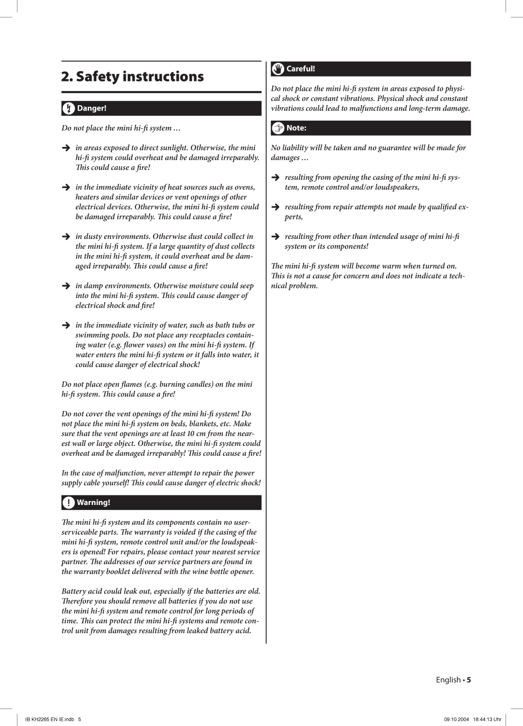 Kompernass KH 2265 manual Safety instructions, Careful 