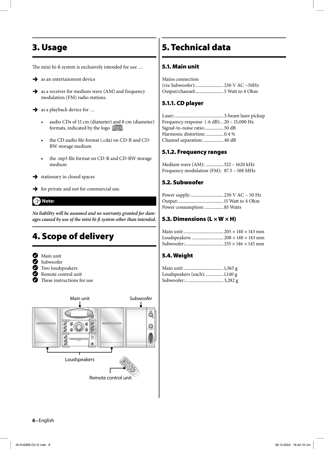 Kompernass KH 2265 manual Usage, Scope of delivery, Technical data 