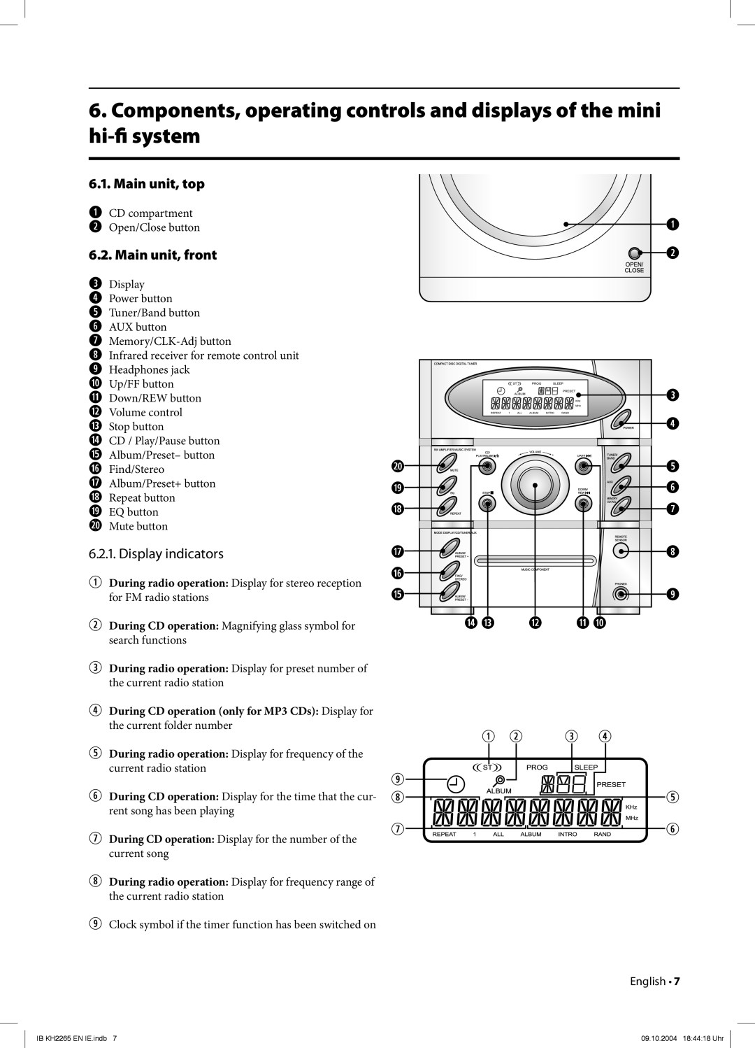 Kompernass KH 2265 manual Main unit, top, Main unit, front, CD compartment w Open/Close button, Current radio station 