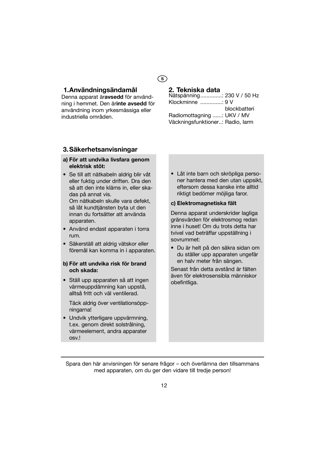 Kompernass KH 2271 manual Användningsändamål, Tekniska data, Säkerhetsanvisningar 