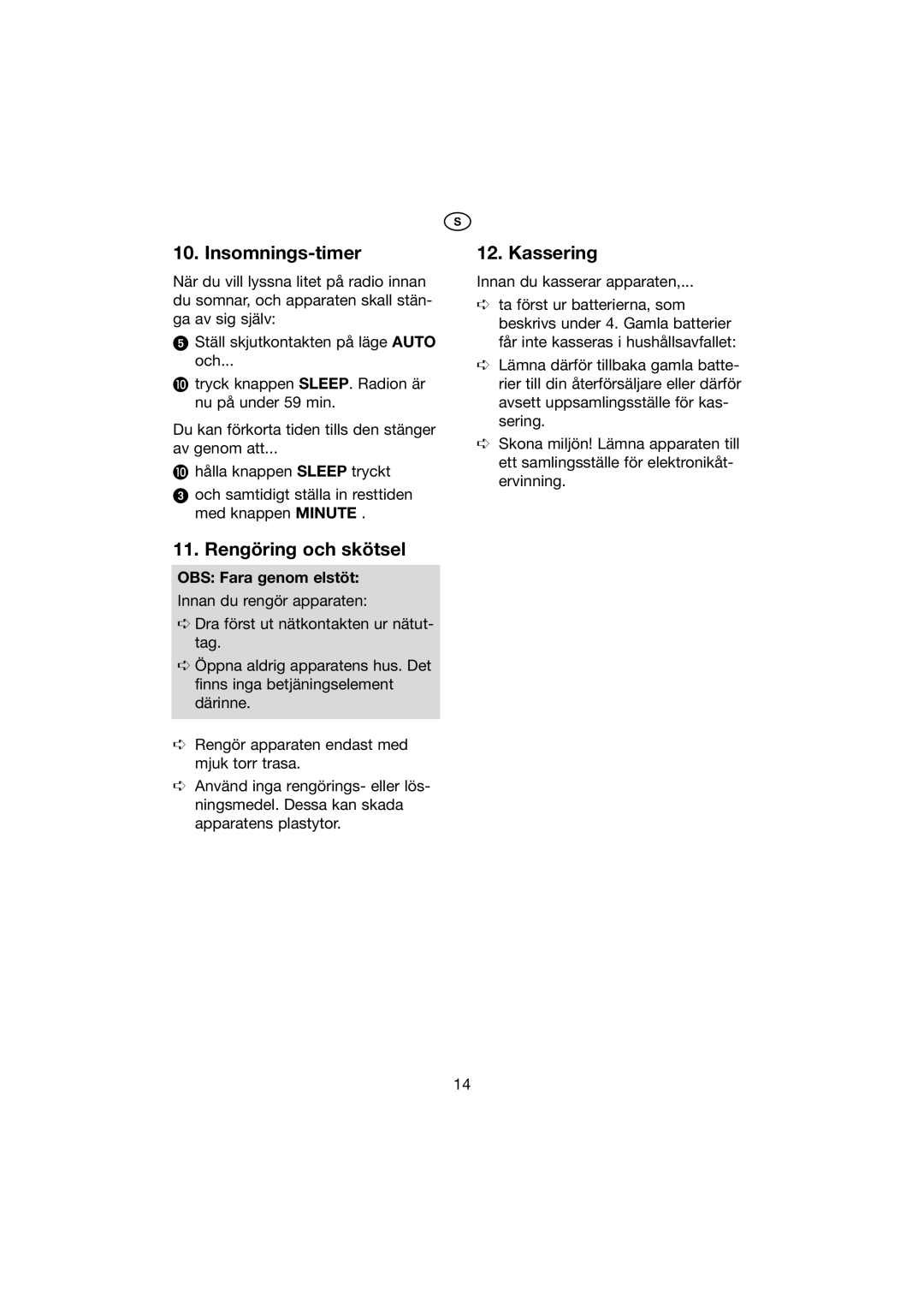 Kompernass KH 2271 manual Insomnings-timer, Kassering, Rengöring och skötsel, OBS Fara genom elstöt 