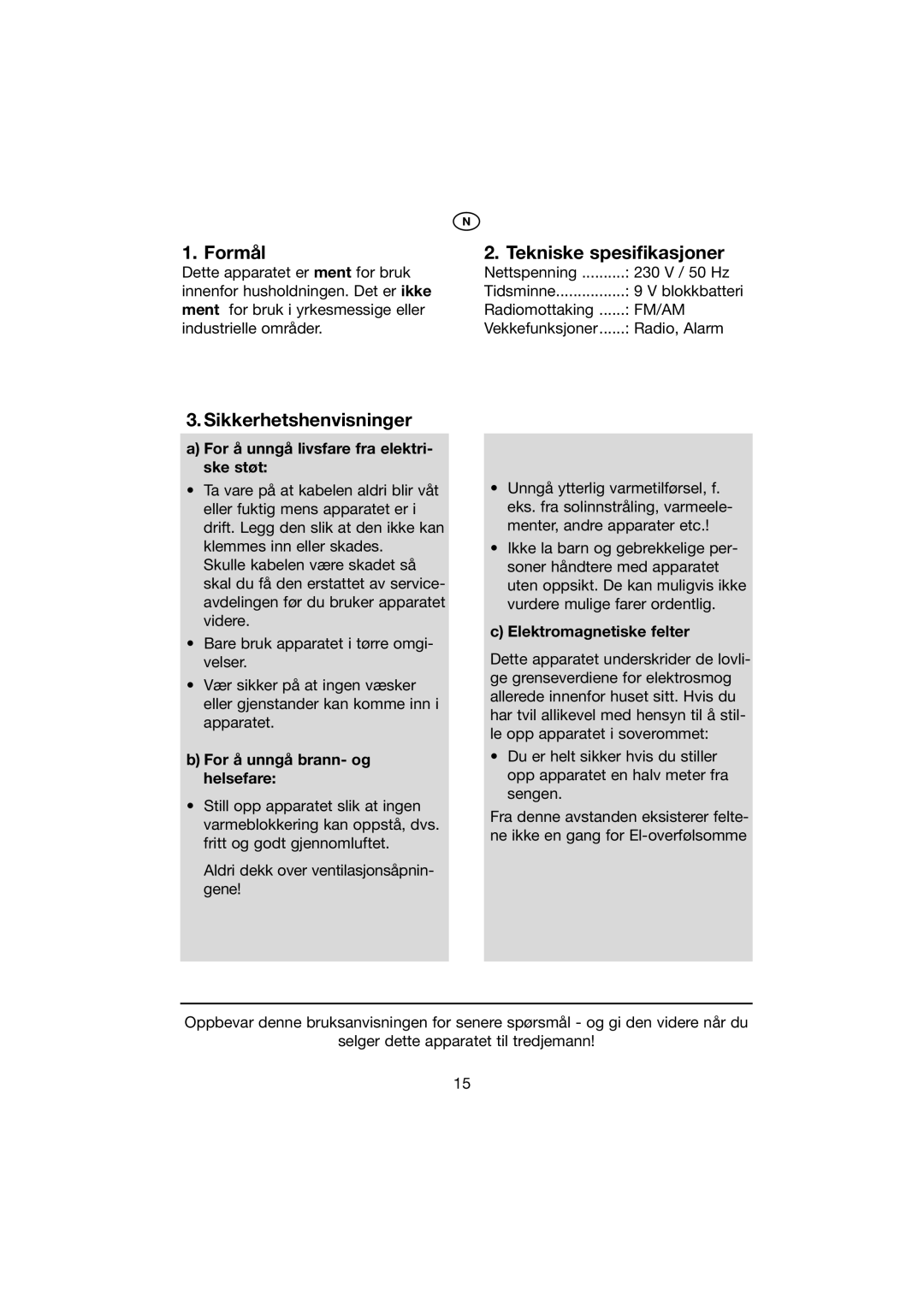 Kompernass KH 2271 manual Formål, Sikkerhetshenvisninger, Tekniske spesifikasjoner 