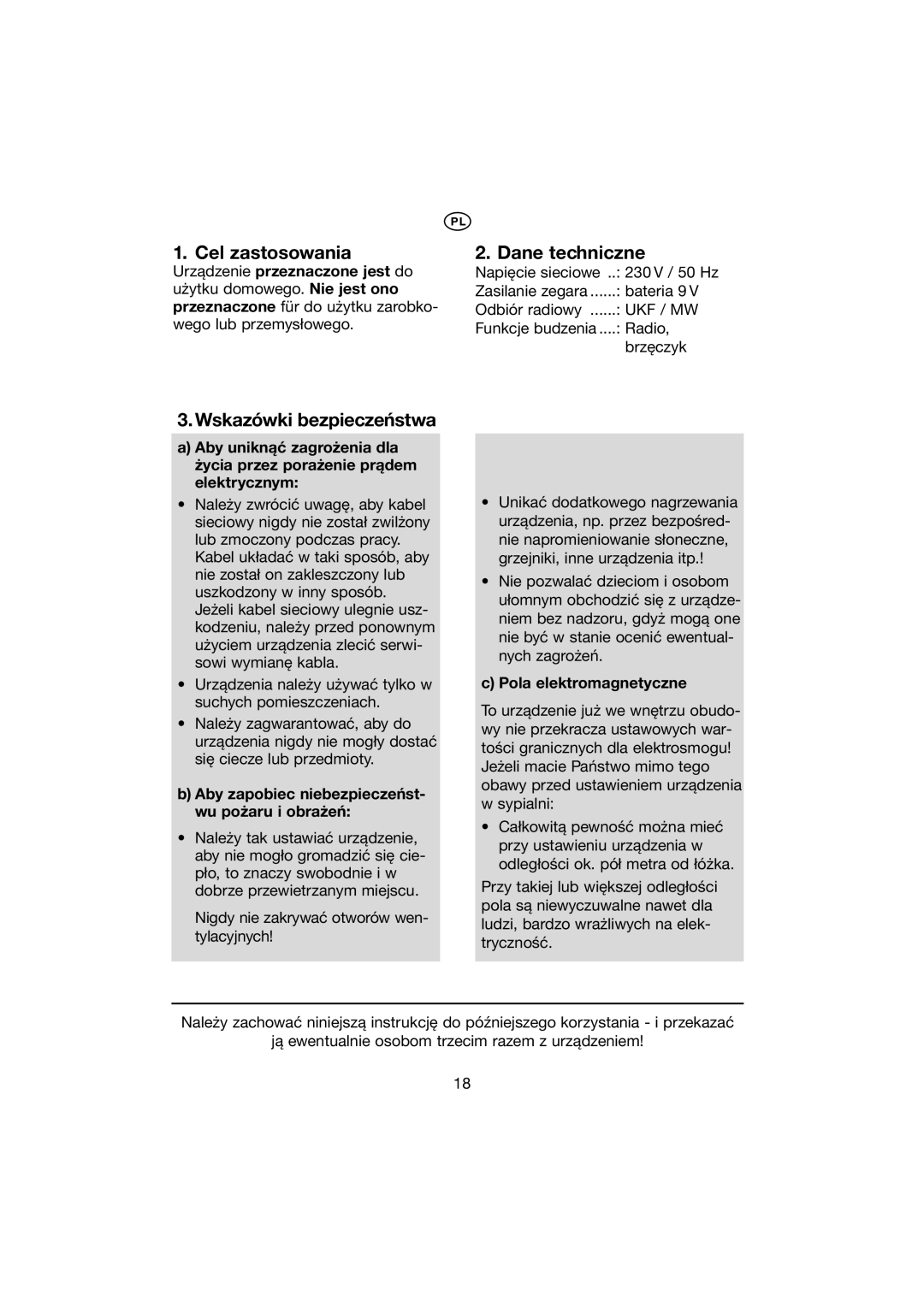 Kompernass KH 2271 manual Cel zastosowania, Dane techniczne, Wskazówki bezpieczeństwa, Pola elektromagnetyczne 