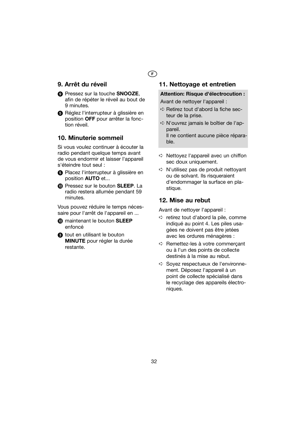 Kompernass KH 2271 manual Arrêt du réveil, Minuterie sommeil, Nettoyage et entretien, Mise au rebut 