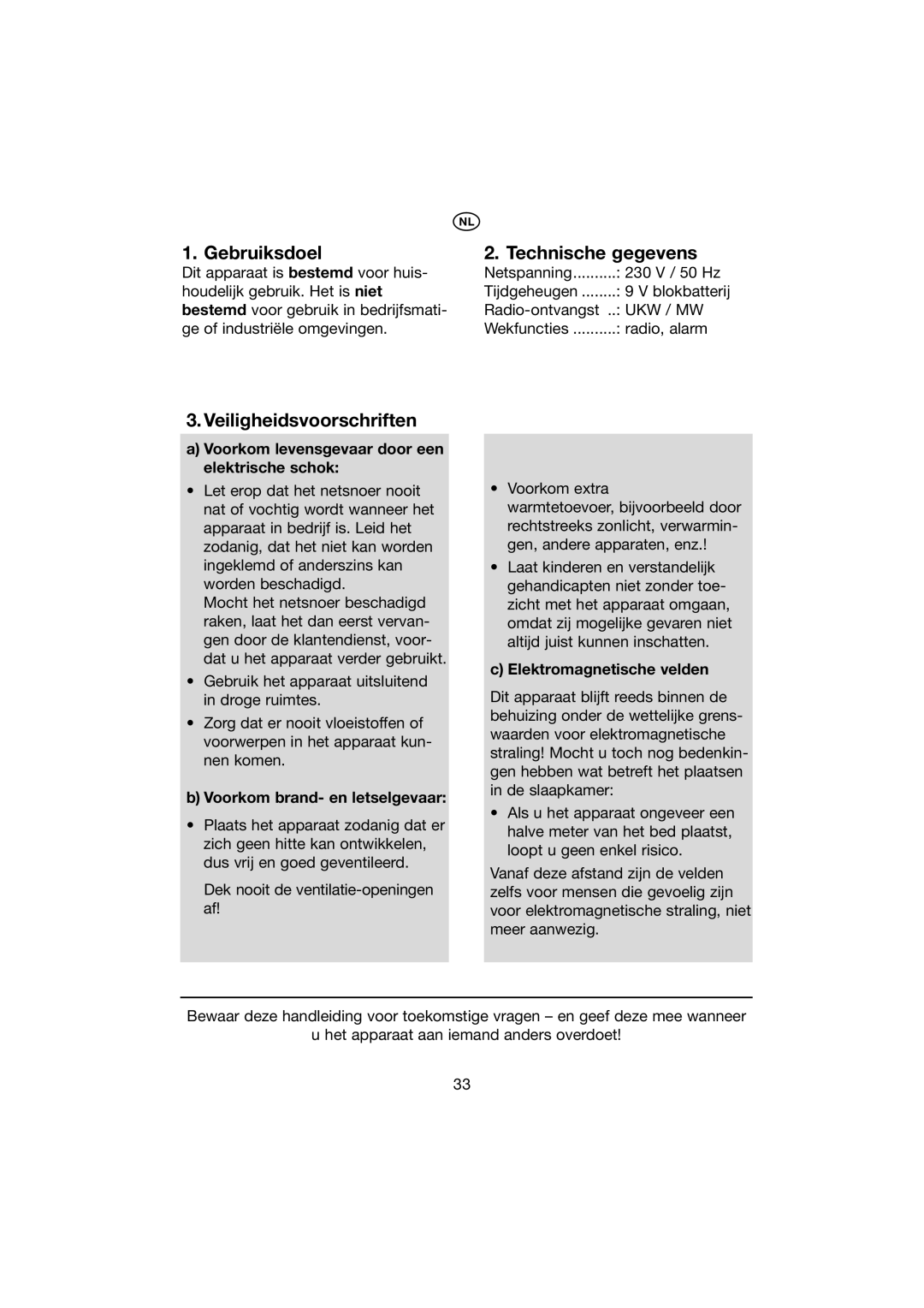 Kompernass KH 2271 manual Gebruiksdoel, Veiligheidsvoorschriften, Technische gegevens 