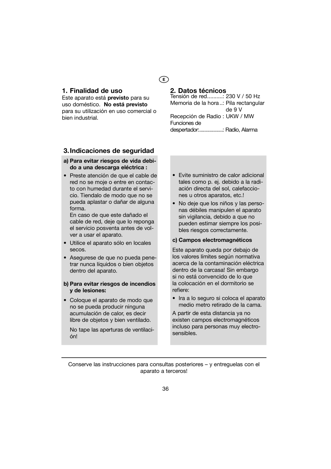 Kompernass KH 2271 manual Finalidad de uso, Datos técnicos, Indicaciones de seguridad, Campos electromagnéticos 